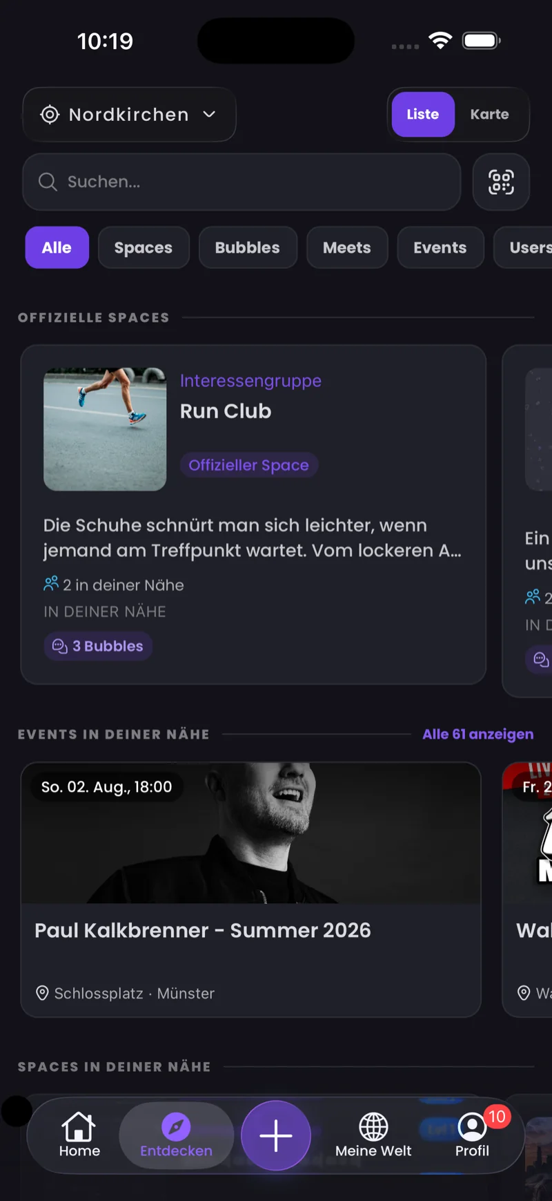 Thirdplaces App — Entdecken-Tab mit Meets und Bubbles