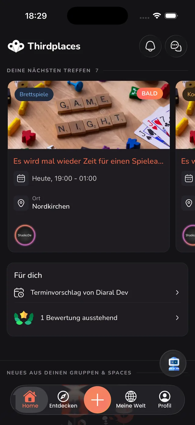 Thirdplaces App: Startseite mit deinen nächsten Treffen
