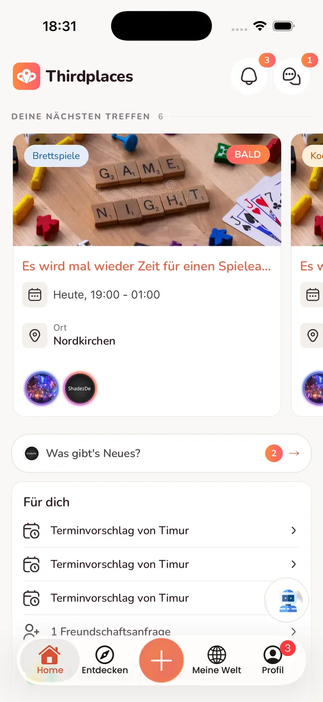 Thirdplaces App: Startseite mit deinen nächsten Treffen