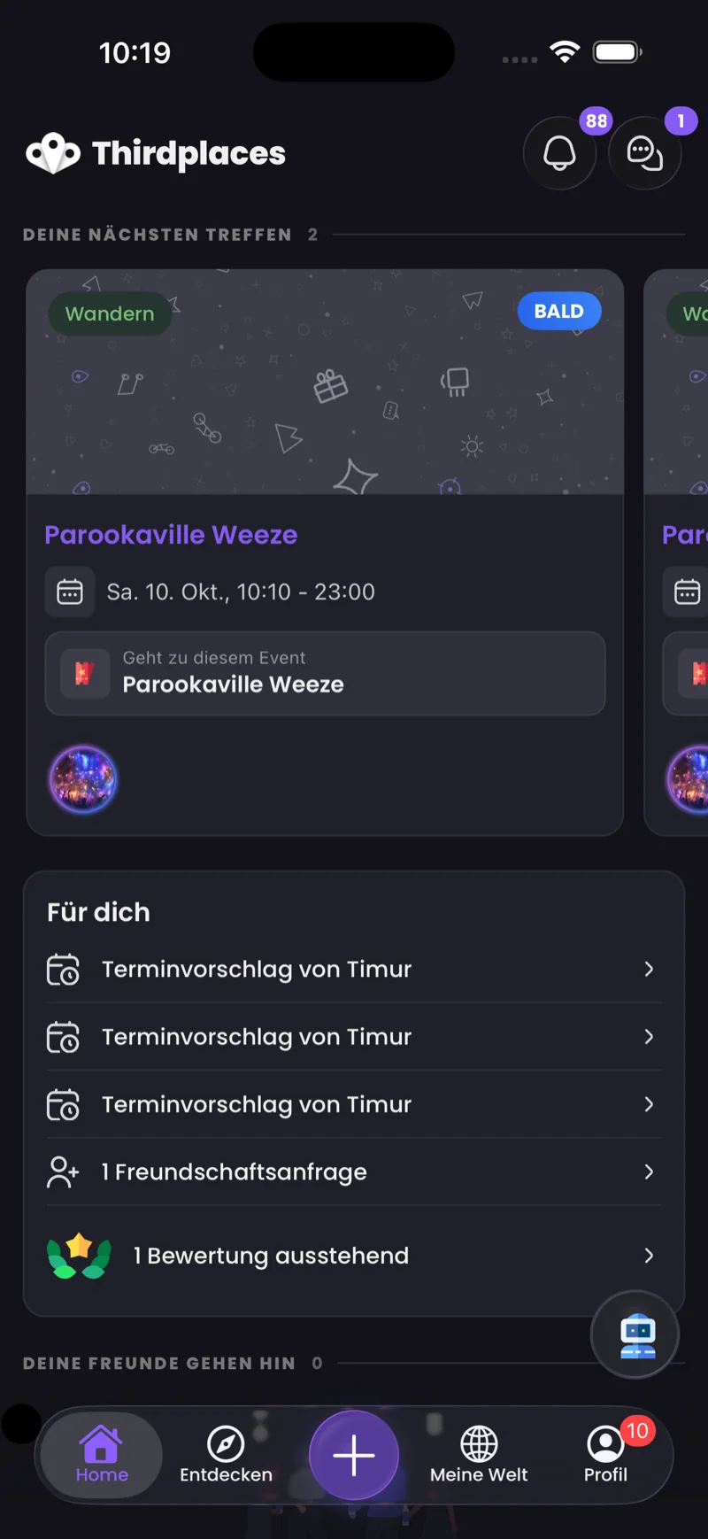 Thirdplaces App — Startfeed mit Meets und Events in deiner Stadt