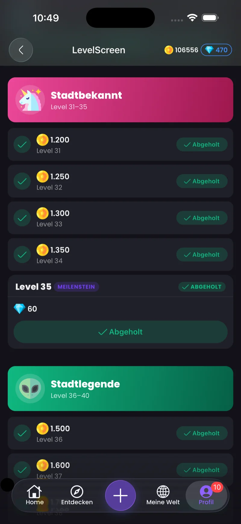 Thirdplaces App — Level-Leiter mit freigeschalteten Belohnungen