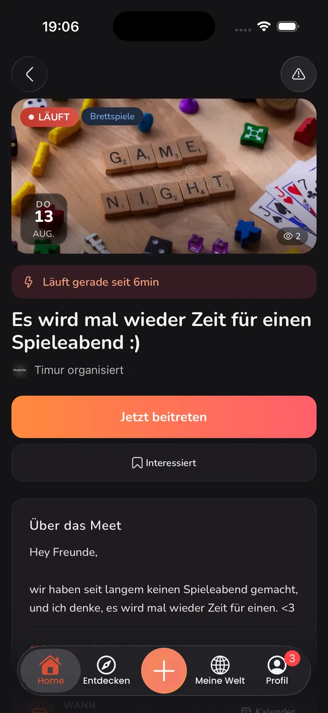 Thirdplaces App: Meet-Detailseite mit Beschreibung, Termin und Ort