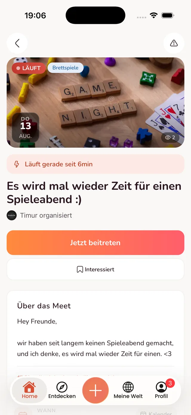 Thirdplaces App: Meet-Detailseite mit Beschreibung, Termin und Ort