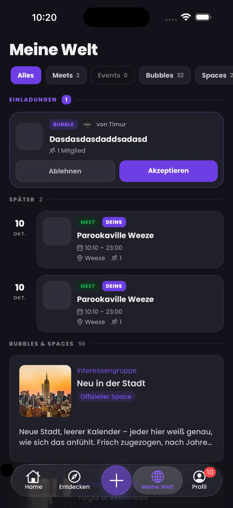 Thirdplaces App — "Meine Welt" mit deinen Meets, Bubbles und Spaces