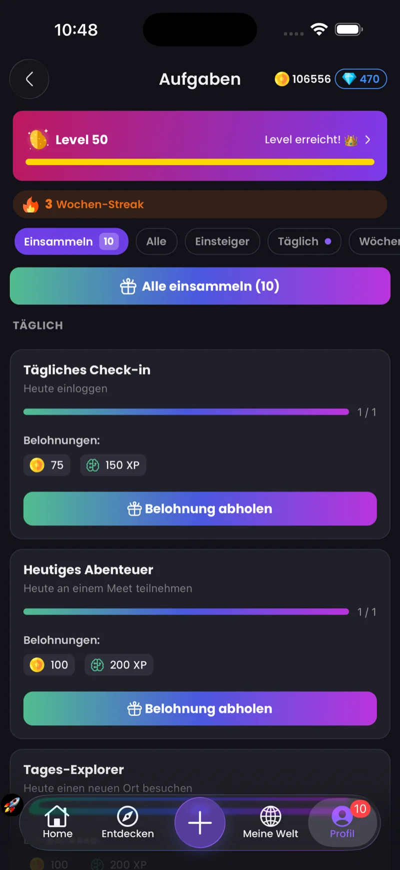Thirdplaces App — Tagesaufgaben mit XP-, Coin- und Diamant-Belohnungen